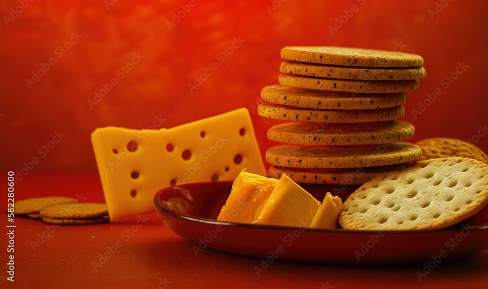  a plate of crackers, cheese and crackers on a red tablecloth with a red background and a red bowl o