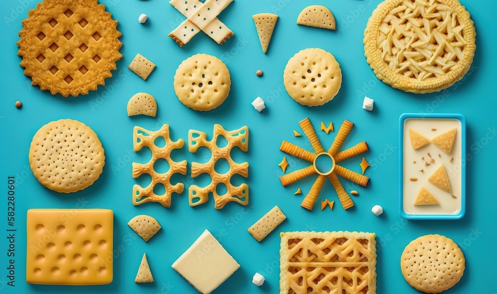  a variety of cookies and crackers arranged on a blue surface with a cookie cutter and a cookie cutt