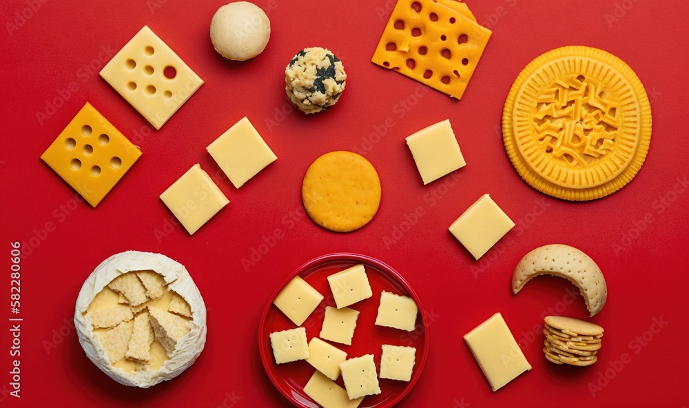  a red table topped with lots of different types of cheeses and crackers on top of a red table top n