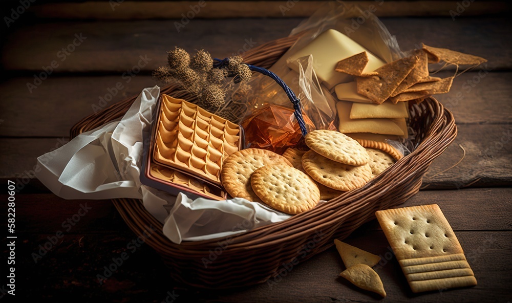  a basket filled with crackers and crackers next to a bag of crackers and a bag of cheese and cracke