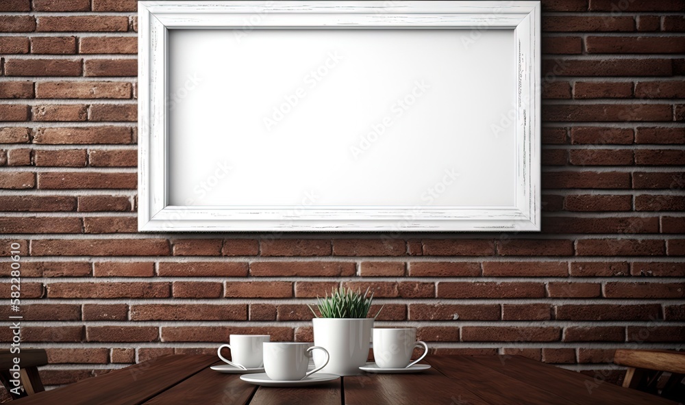  a picture frame hanging on a brick wall with two cups of coffee and a plant in front of it on a woo