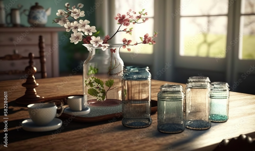  a wooden table topped with glass jars filled with flowers and a cup of coffee next to a vase filled