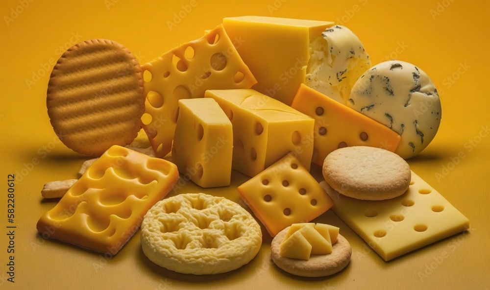  a variety of cheeses and crackers on a yellow background with a yellow background and a yellow back