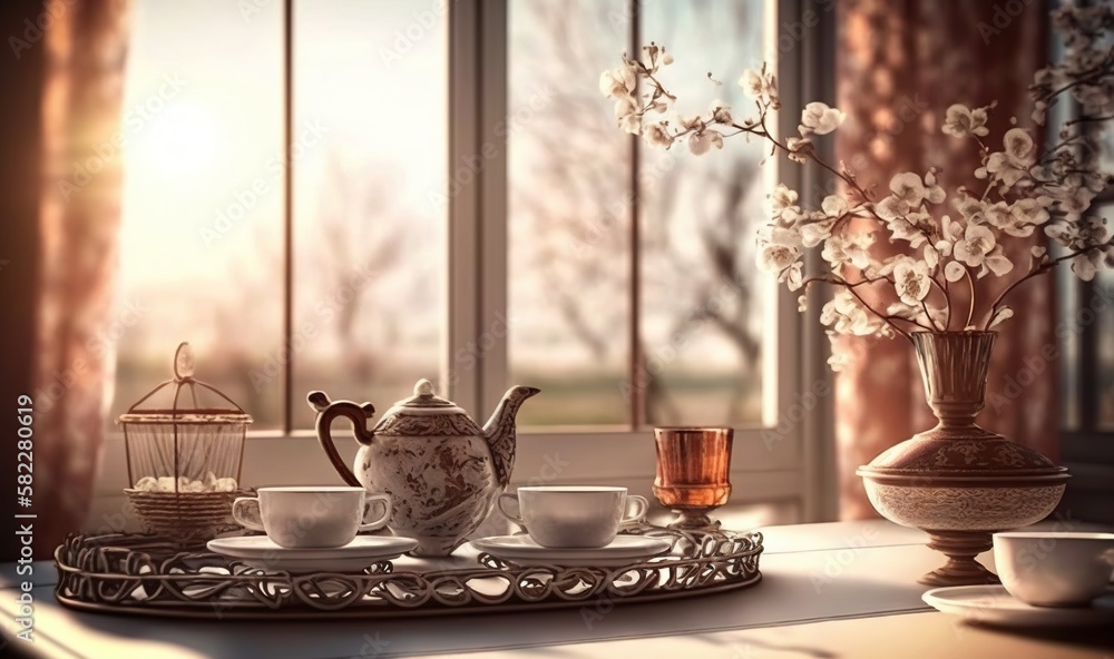  a tray with tea cups and a tea pot on it with a vase of flowers in front of a window with the sun s