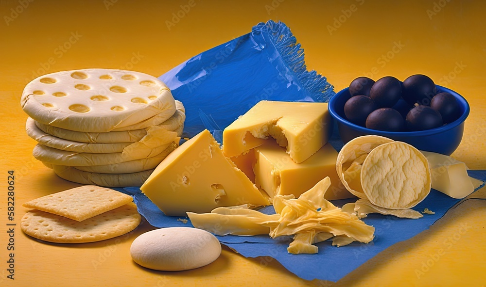  a blue plate topped with cheese and crackers next to a bowl of grapes and a bowl of cheese on a blu