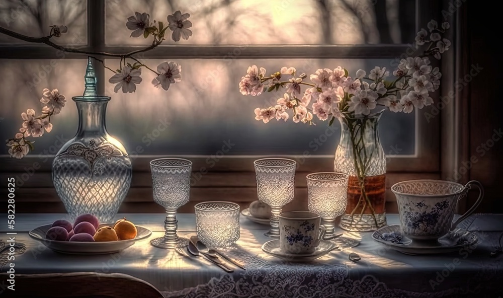  a painting of a table with a vase, cups, and a plate of fruit and a vase with flowers in it on a wi