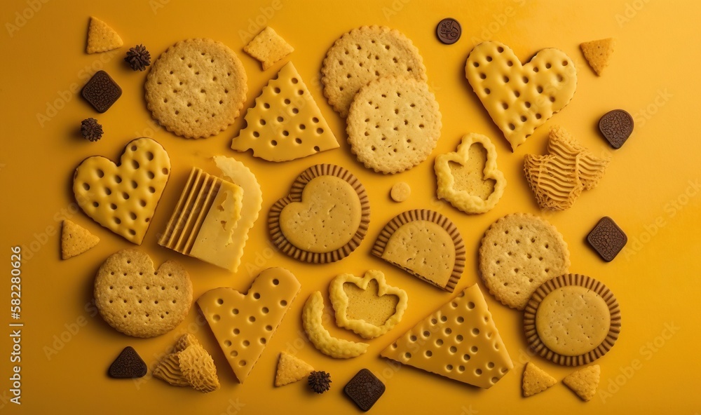  a bunch of crackers that are on a yellow surface with chocolate chips and heart shaped cookies on t