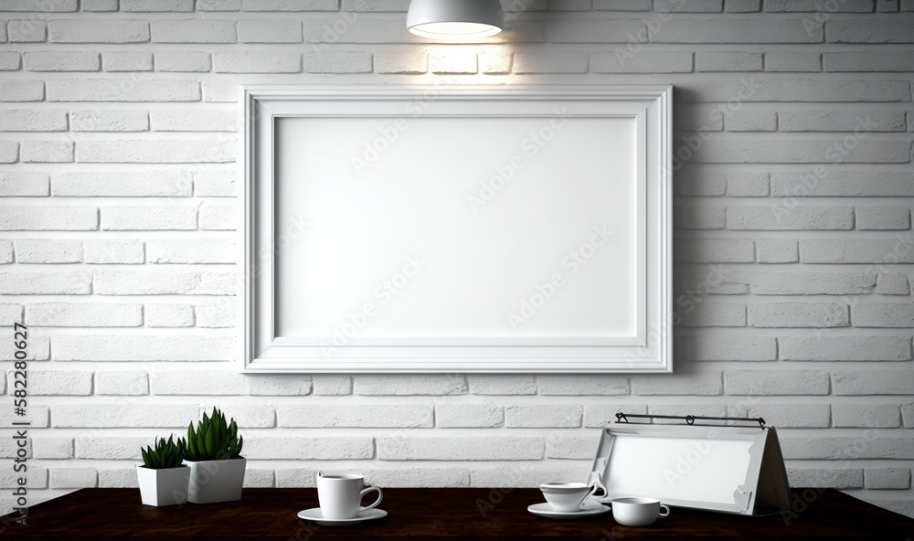  a white frame hanging on a brick wall above a desk with a cup of coffee and a potted plant in front