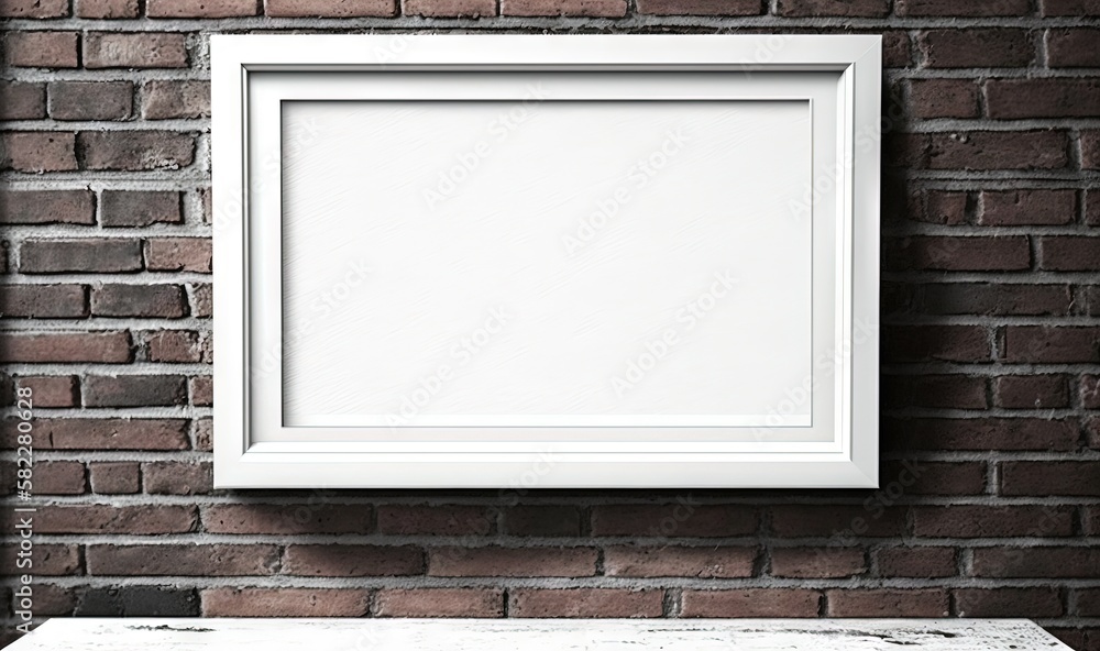  a white frame hanging on a brick wall next to a white table and a brick wall with a white brick wal