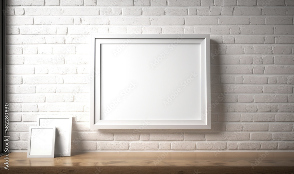  a white frame on a brick wall next to a white vase and a blank picture frame on a wooden table with