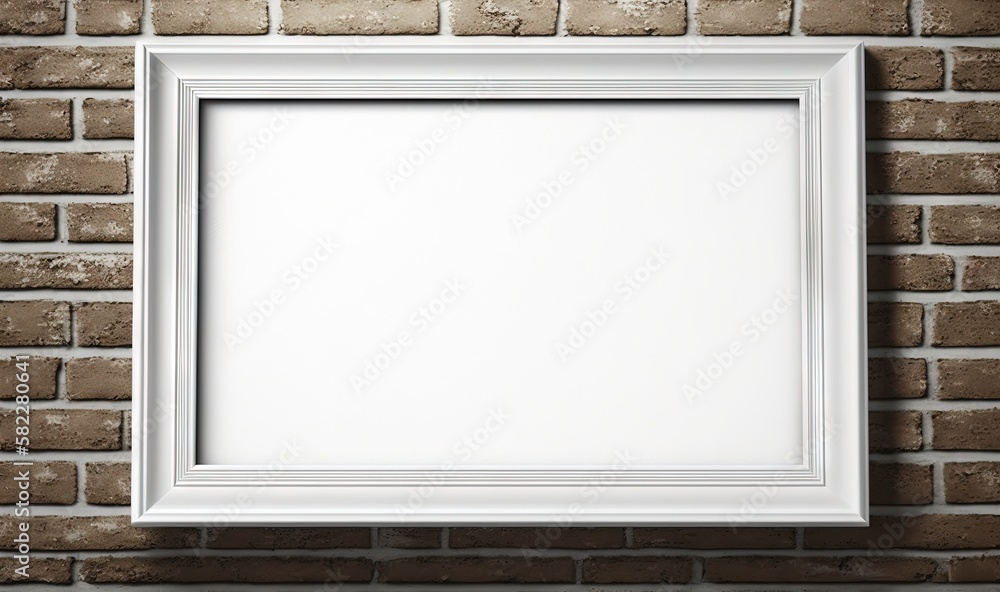  a white frame hanging on a brick wall with a brick wall behind it and a brick wall behind it with a