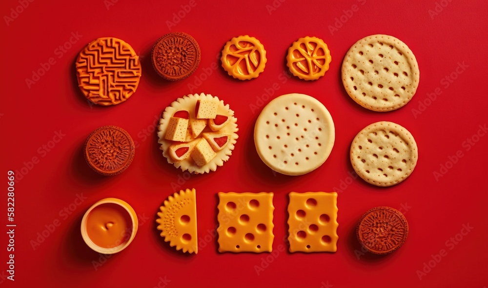  a red table topped with cookies and crackers next to a cup of tea and a cookie cutter on top of a r