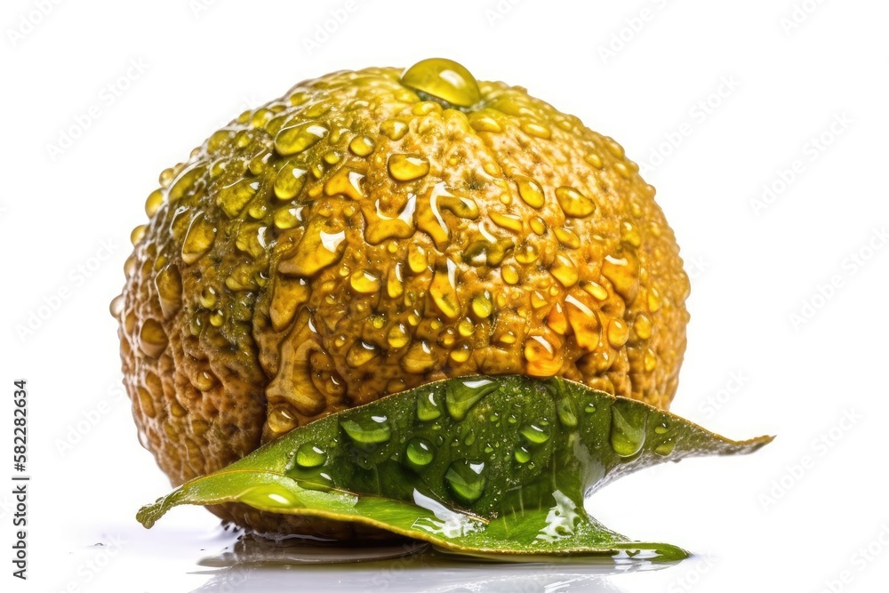 Osage orange fruit that is wet and green, clipped and isolated on a white backdrop. focus stacking i