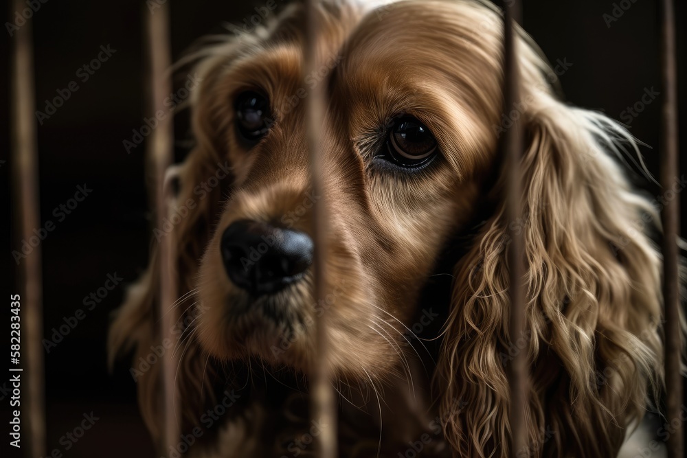 caged cocker spaniel dog. Generative AI