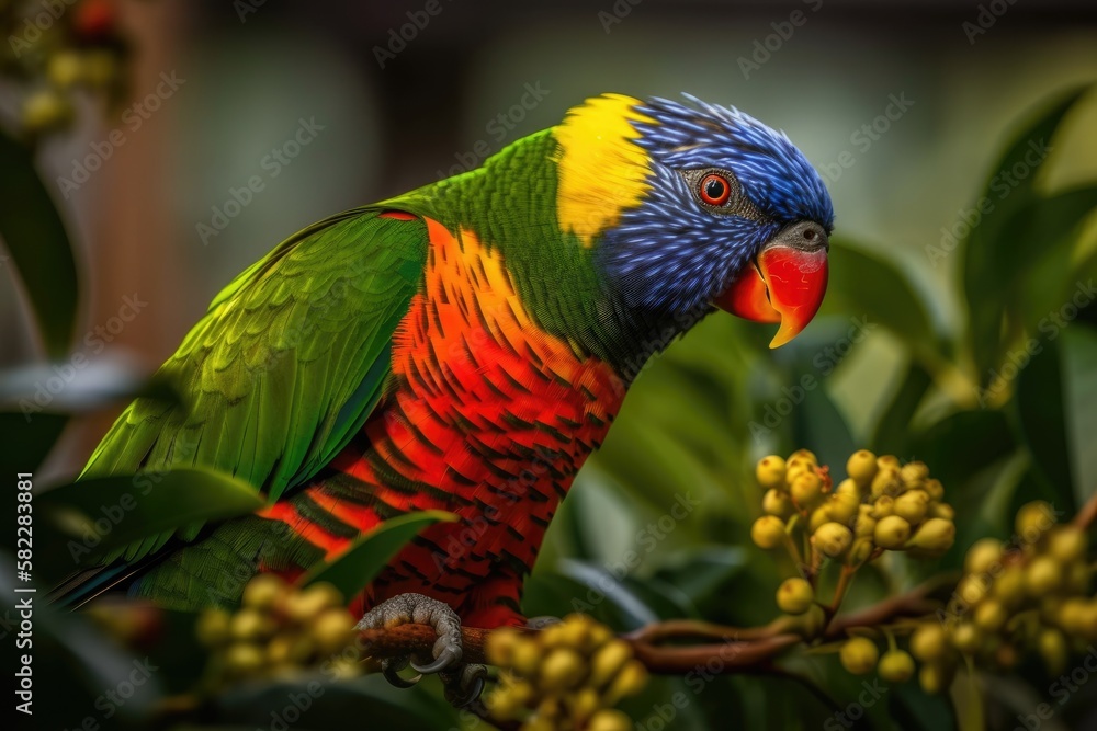 Lorikeet at the Botanical Garden of Deshaies. Generative AI