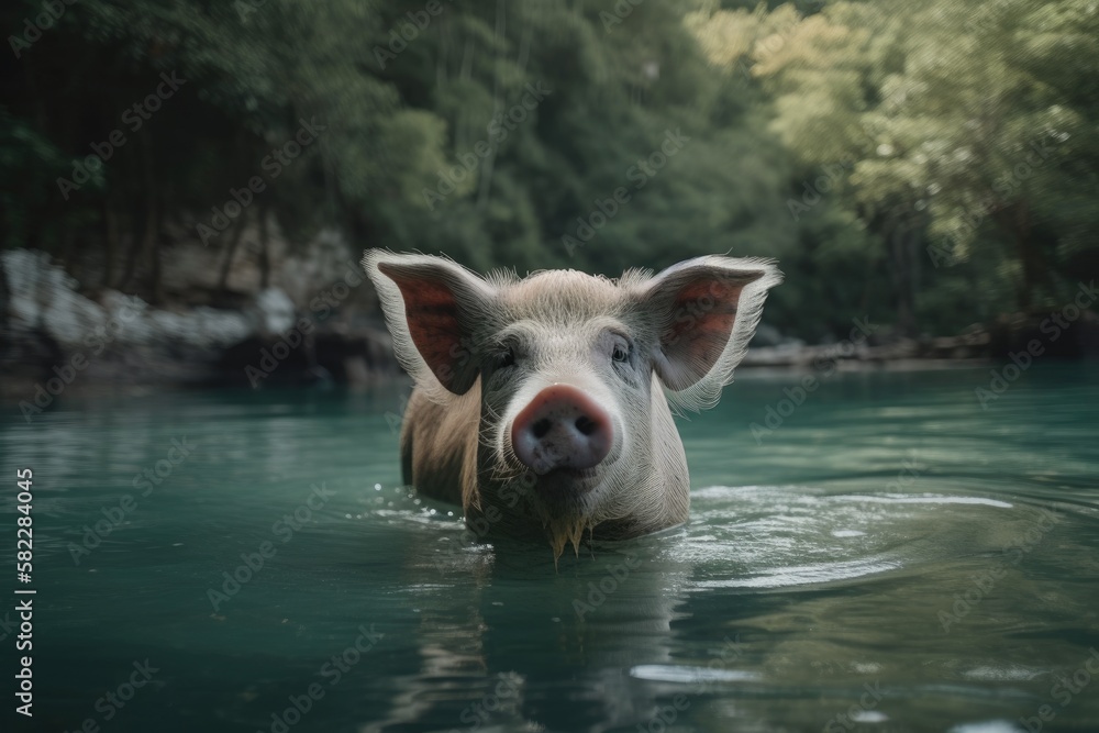 Thai culture, pig in a cove with a murky background. Generative AI