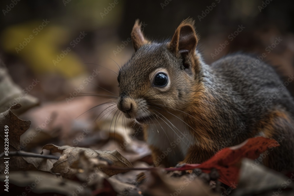 a squirrel in a park near Niagara on the Lake, Canada, chewing on leaves. Generative AI