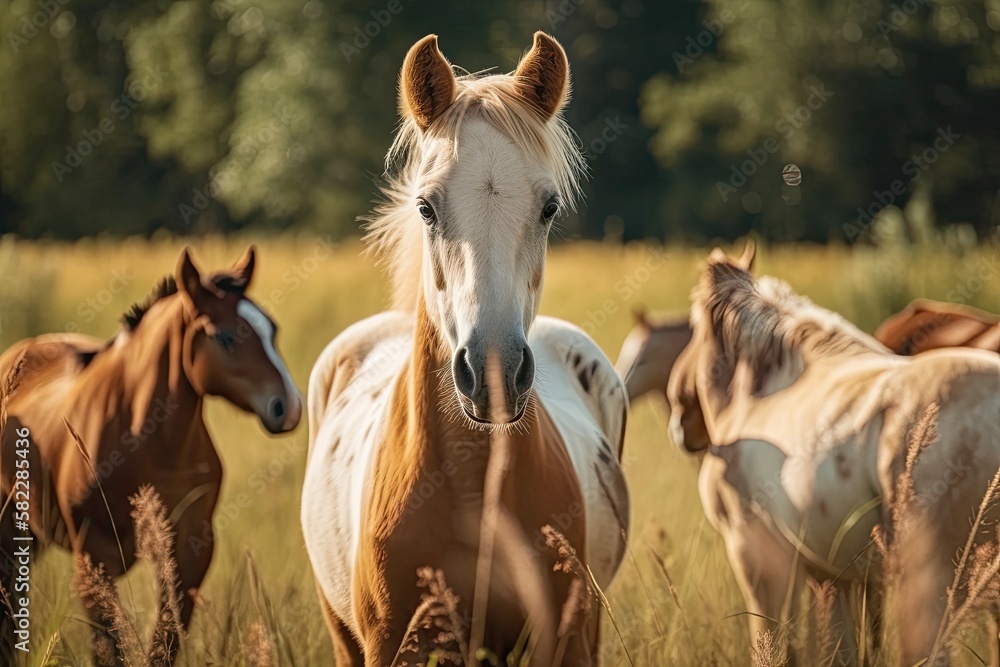 A young foal and the horses are standing in the field. Generative AI