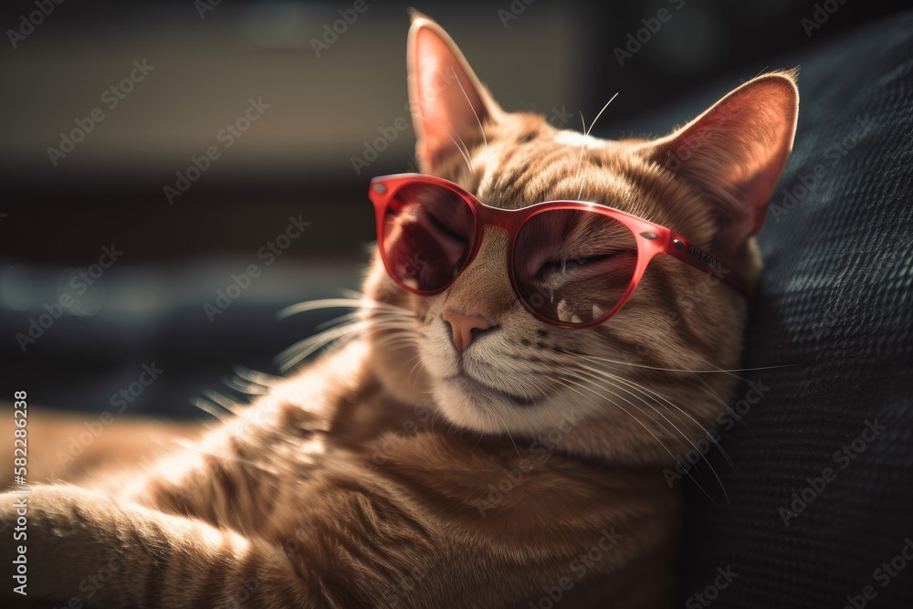 Adorable tabby cat snoozing on sofa with sunglasses on. Domestic cat lying back indoors at home. Apr