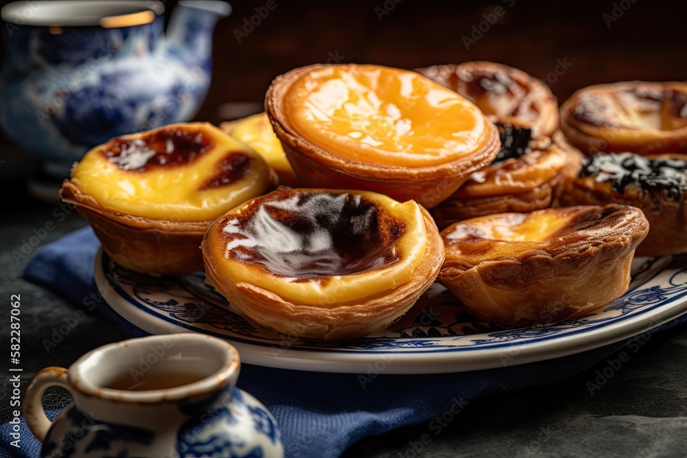 A platter of pastel de nata, an iconic Portuguese treat, or egg tart. Background made of blue fabric