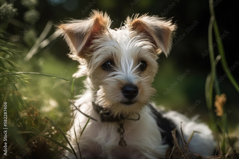 A puppy biwer terrier sits outside. Generative AI