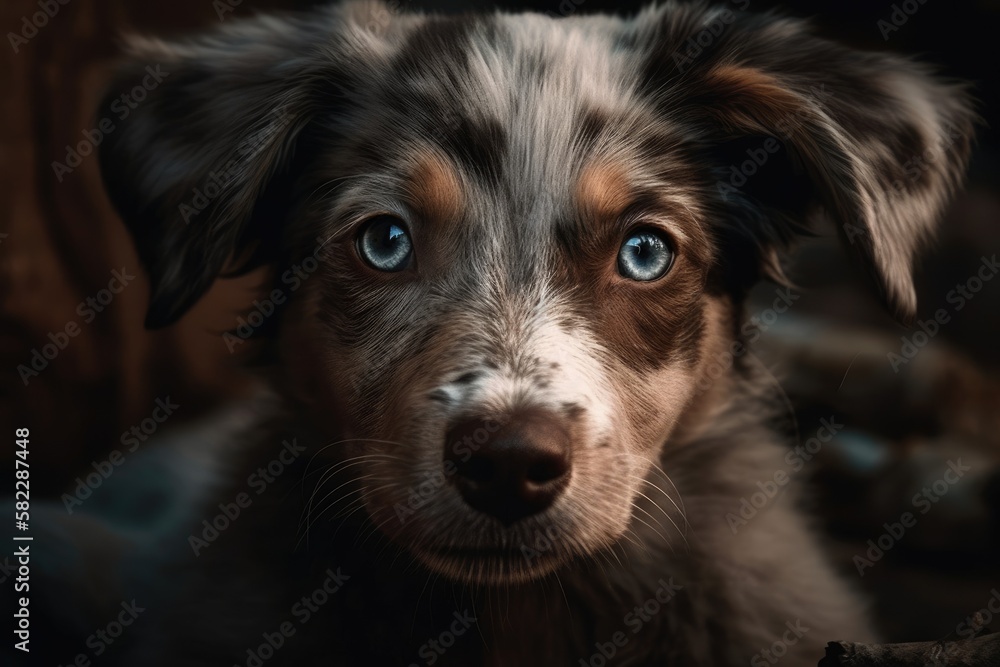 beautiful gray puppy looks towards the camera. Generative AI