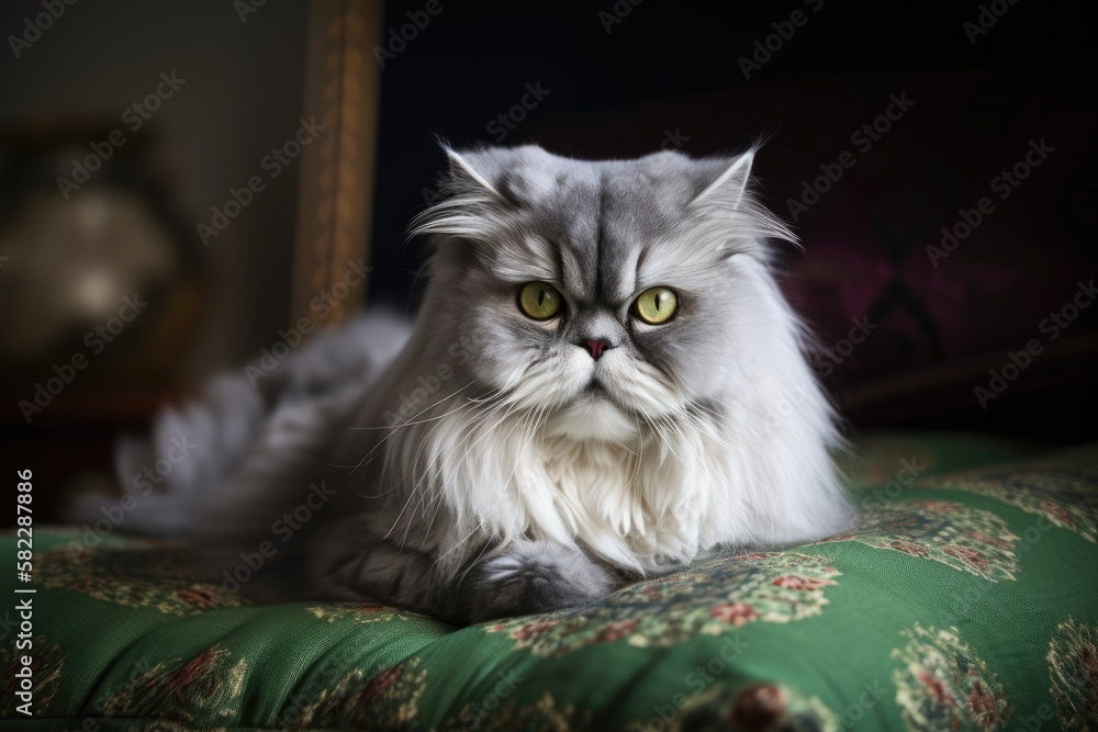 Beautiful gray and white Persian portrait with a gorgeous background and a green pillow. Generative 