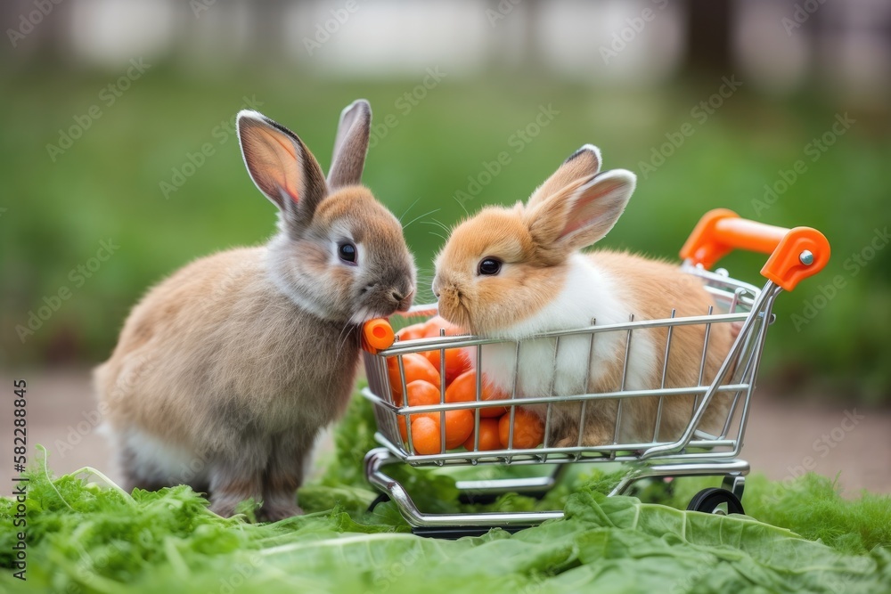 Beautiful fluffy young brown Easter rabbits love to eat On a background of nature, a carrot is clutc