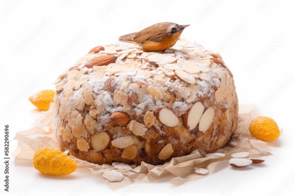 Colomba Pasquale, an Italian Easter dove covered in candied almonds and sugar. Slice of cake and bac