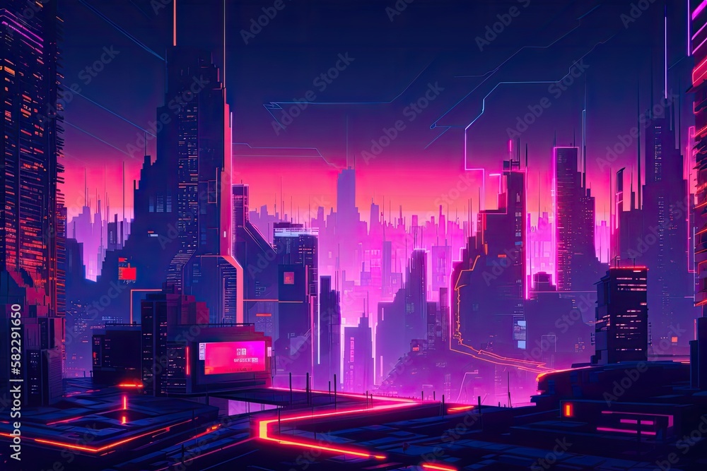 Future Industrial Cyberpunk Abstract Wallpaper. Future oriented idea. Pink Illustration of a metropo