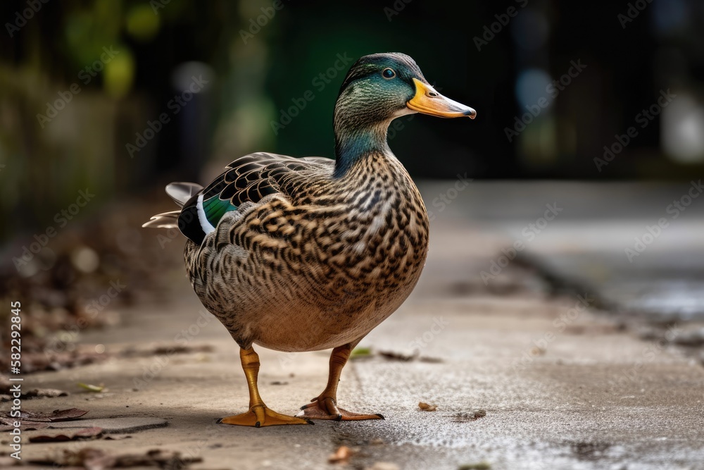 A Mallard duck standing on a rural sidewalk and acting normally. Generative AI