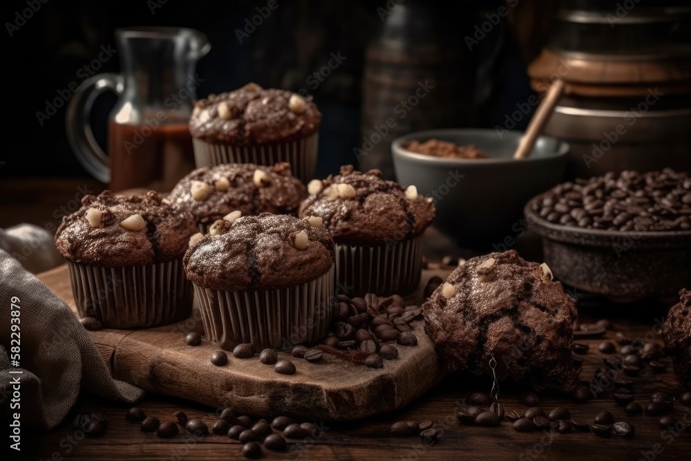 Dessert coffee muffins, culinary setting, and bakery themes. Generative AI