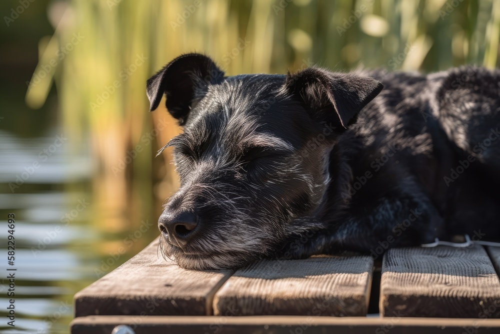 black dog In the summertime along the lake, a Jack Russell Terrier is seen sleeping on the pier. Gen