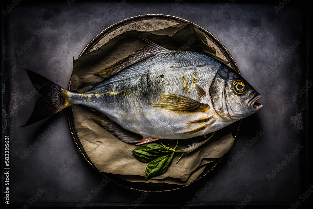 delicious dorada ready for salt-baked fish top view. Illustration AI Generative