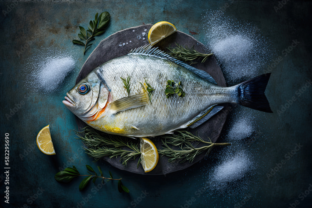 delicious dorada ready for salt-baked fish top view. Illustration AI Generative