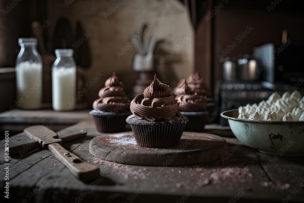 Chocolate Cupcakes in a rustic kitchen. Illustration AI Generative