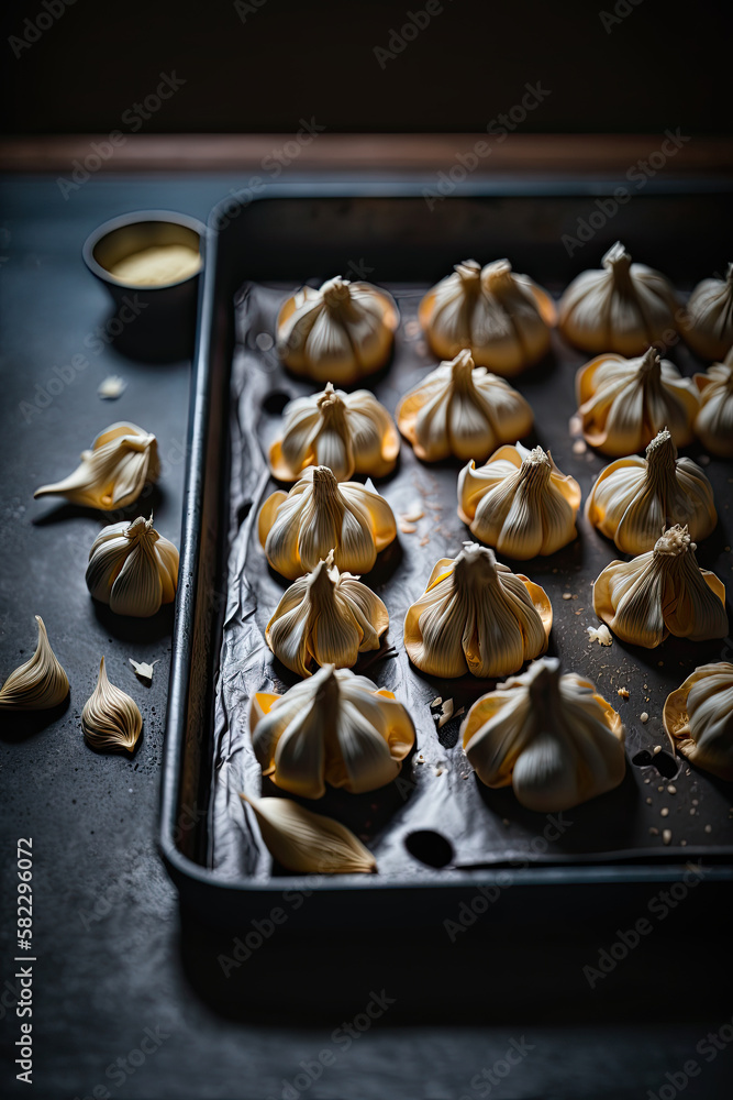 Home baked garlic cloves on a baking tray. Illustration AI Generative