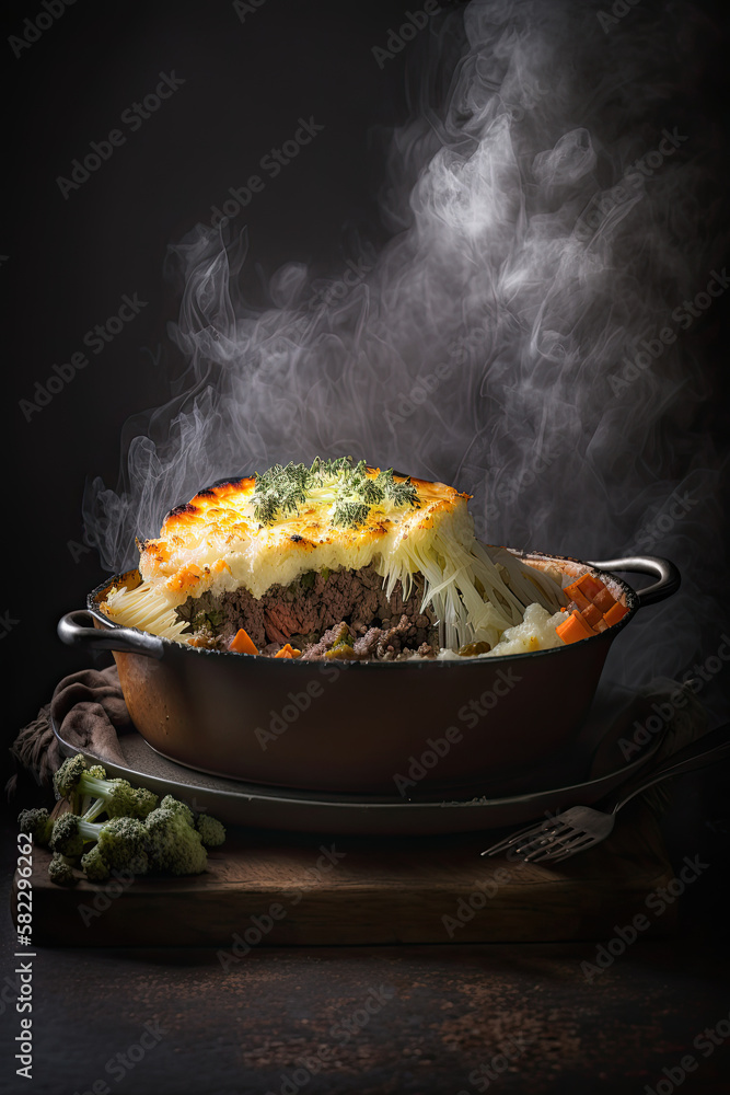 shepherds pie or cottage pie is casserole. Illustration AI Generative