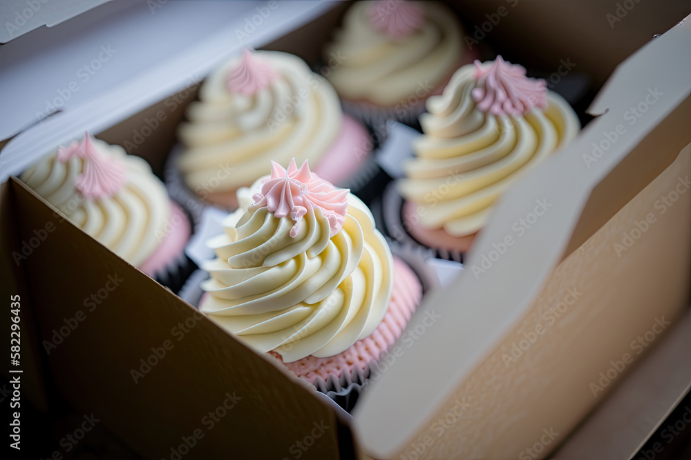 Cupcake packaging delivery box vanilla cupcakes. Illustration AI Generative