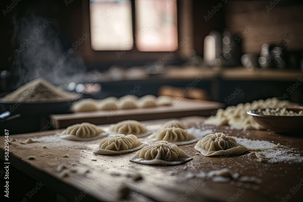 Pierogi in the making on a wooden background. Illustration AI Generative