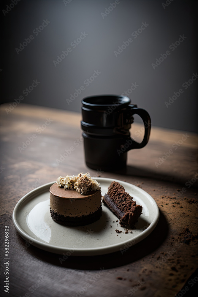 A vegan espresso mini cake on a ceramic plate documentar. Illustration AI Generative