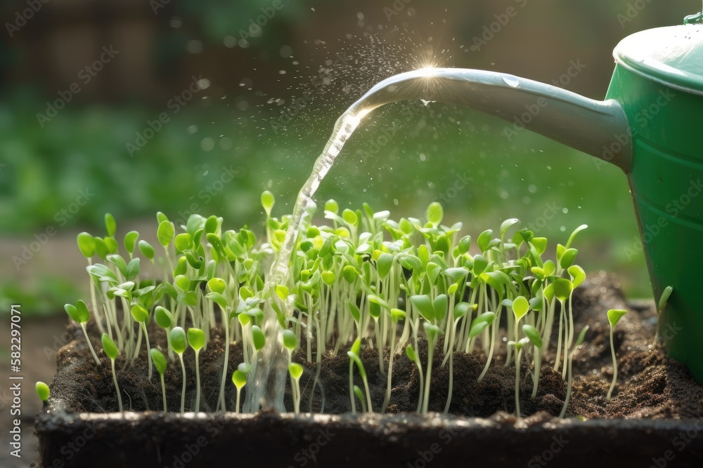 Watering sprouts using a watering can. Generative AI