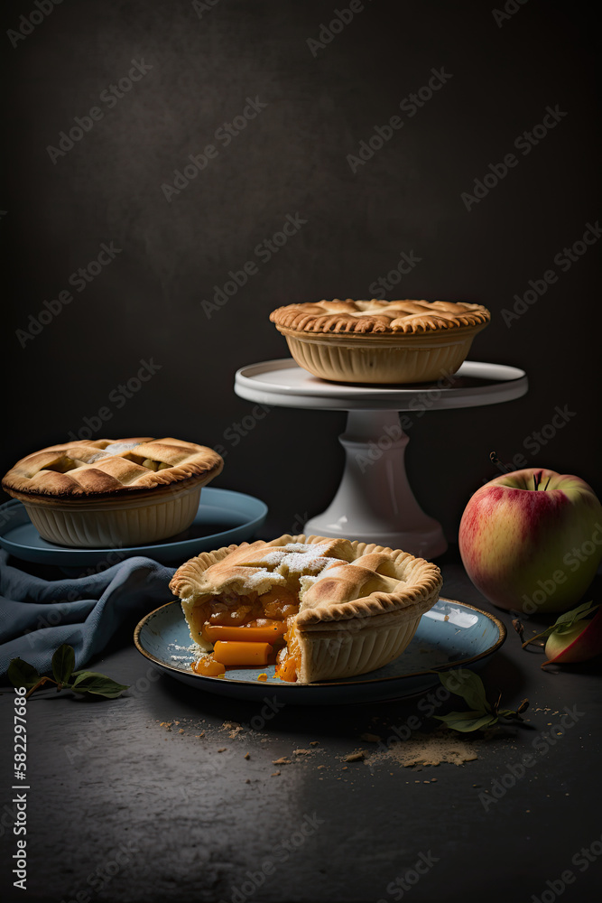 Apple and peach pies on plates documentary photography. Illustration AI Generative