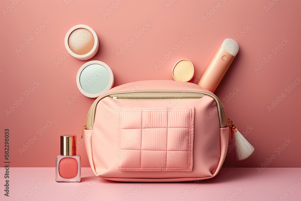 Pink make-up bag with cosmetic products. Illustration AI Generative