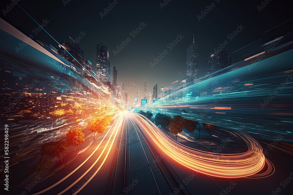 Abstract speed light flow through the city with gradient. Illustration AI Generative