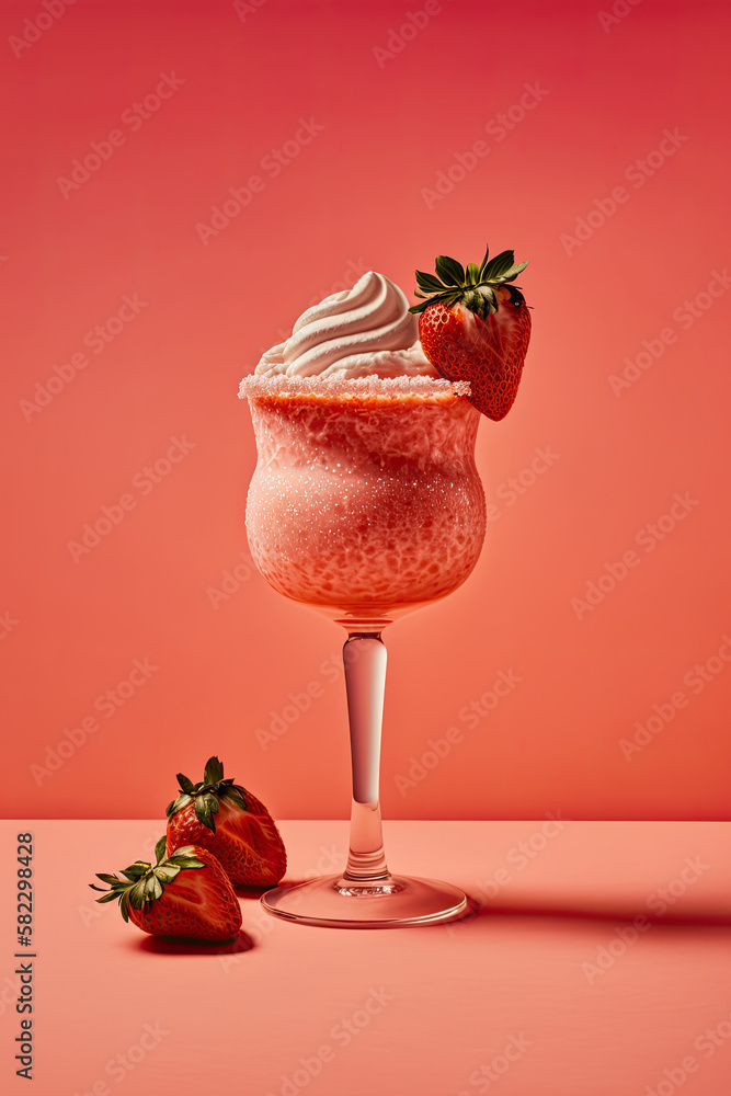 Strawberry margarita cocktail on a pink background. Illustration AI Generative