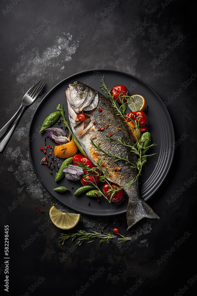 Freshly baked market fish served with fresh vegetables. Illustration AI Generative