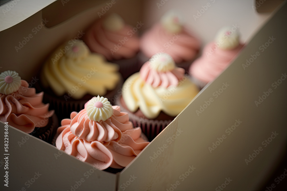 Cupcake packaging delivery box vanilla cupcakes. Illustration AI Generative