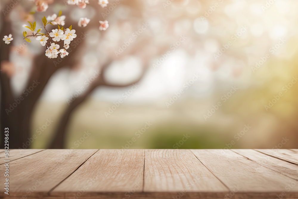 Nature background and table wood for product display. Illustration AI Generative