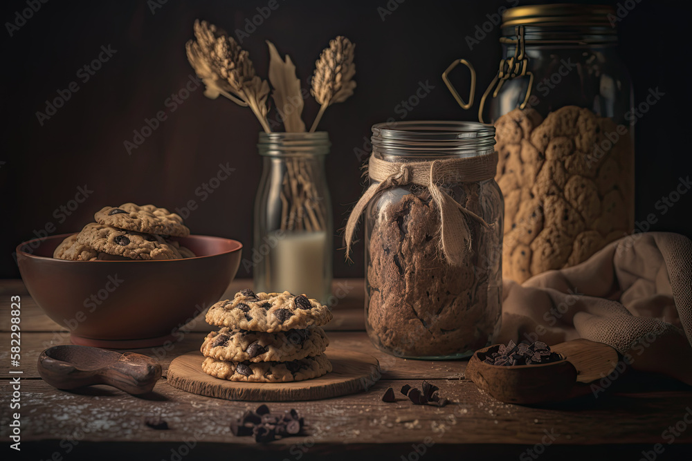 Fresh homemade Chocolate Oatmeal Cookies. Illustration AI Generative